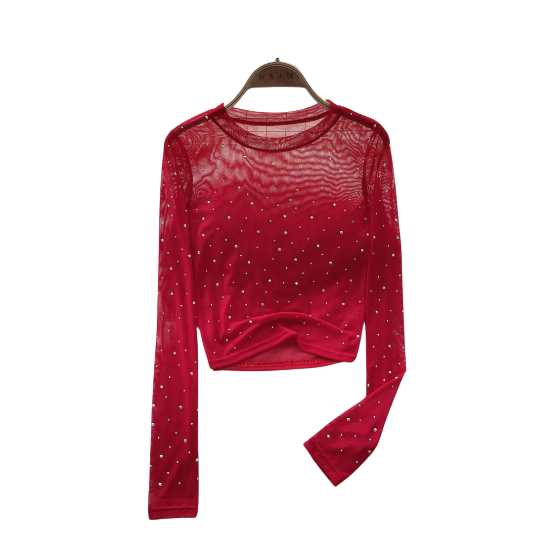 Dame Glitrende Langermet Crop Topp med Rhinestones