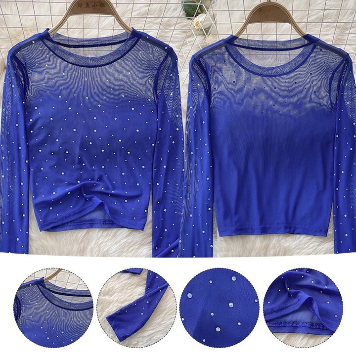 Dame Glitrende Langermet Crop Topp med Rhinestones