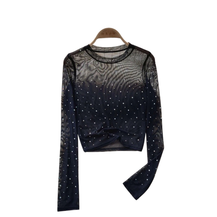 Dame Glitrende Langermet Crop Topp med Rhinestones