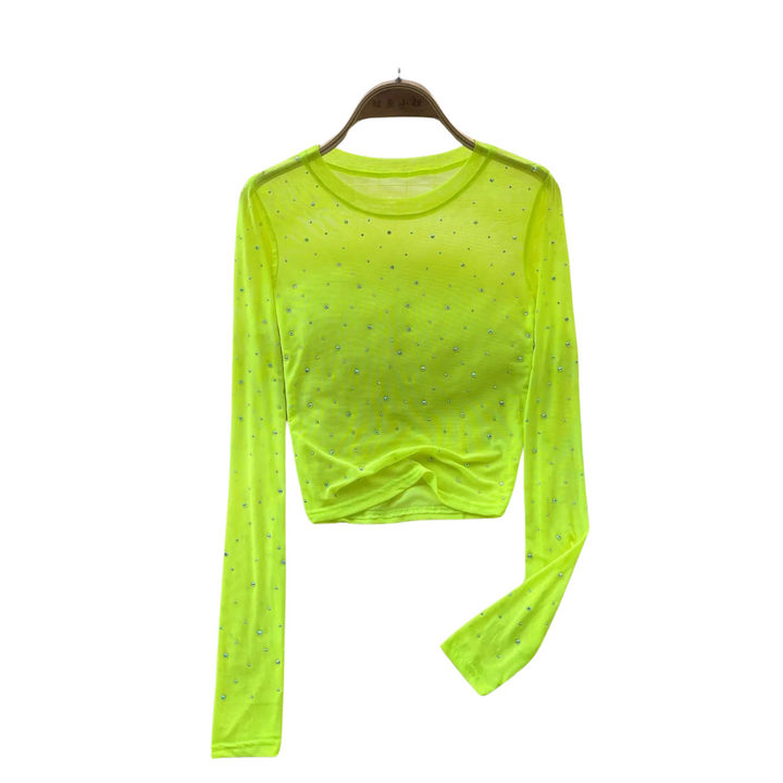 Dame Glitrende Langermet Crop Topp med Rhinestones