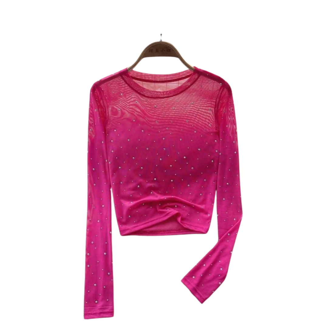 Dame Glitrende Langermet Crop Topp med Rhinestones