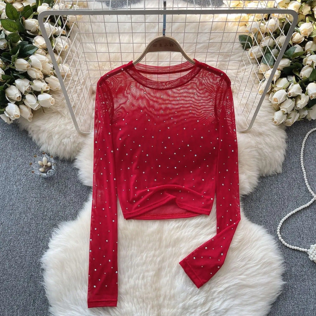 Dame Glitrende Langermet Crop Topp med Rhinestones