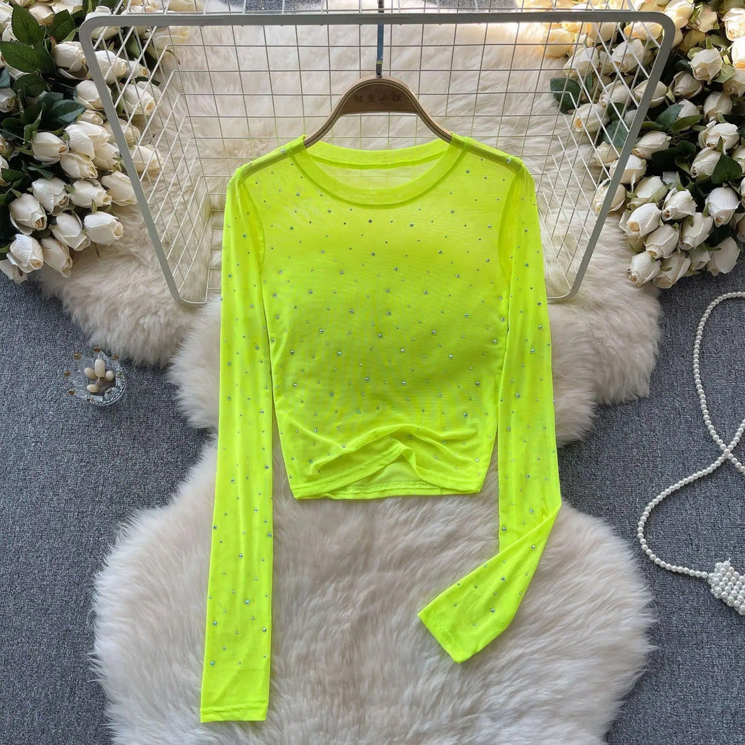 Dame Glitrende Langermet Crop Topp med Rhinestones