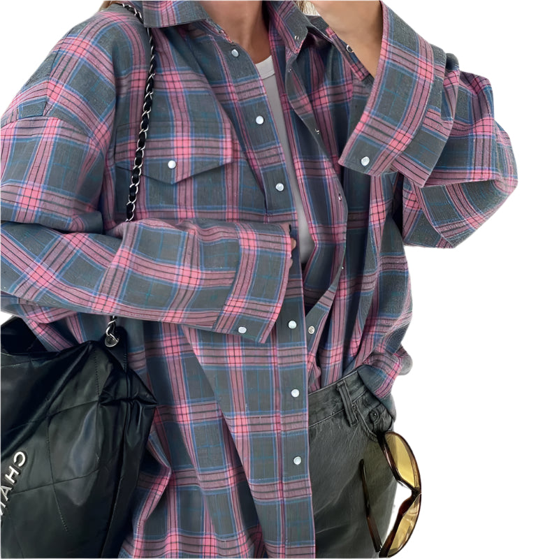 Dame Oversized Rutete Skjorte – Langermet for Komfort