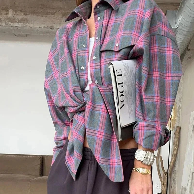 Dame Oversized Rutete Skjorte – Langermet for Komfort