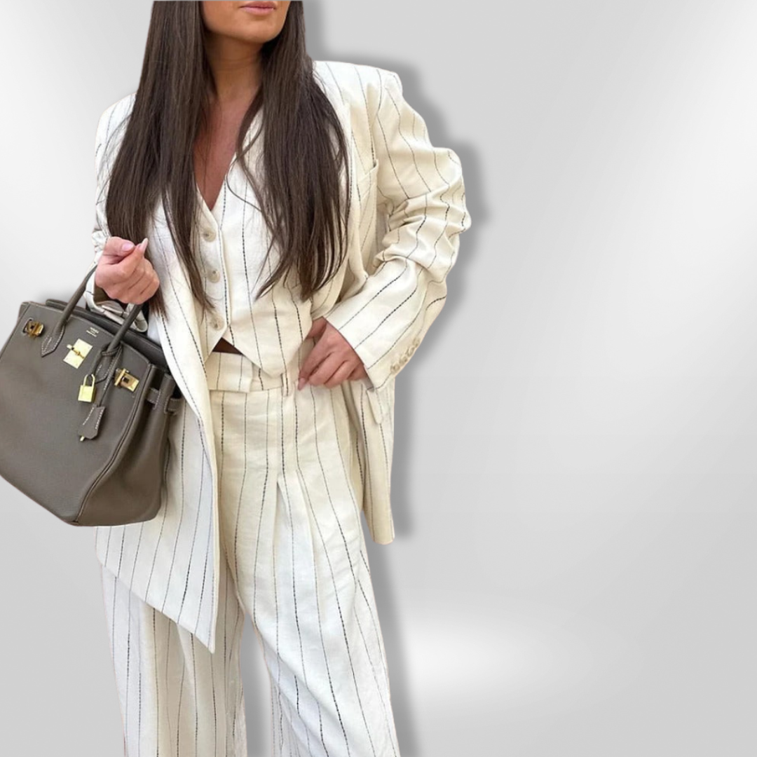 Dame Blazer og Bukse Sett – Klassisk Stripemønster