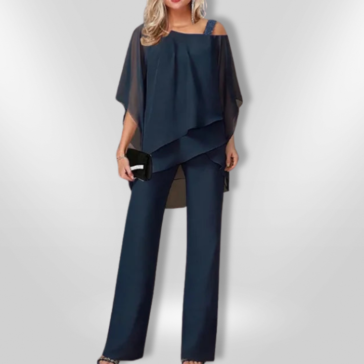 Elegant Kvinne Ensemble med Asymmetrisk Topp &amp; Bred Bukse