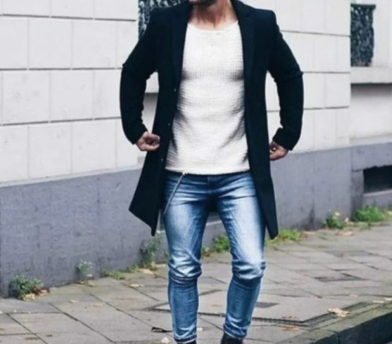 Herre Vinterjakke Slim Fit Vindresistent Ullblandning