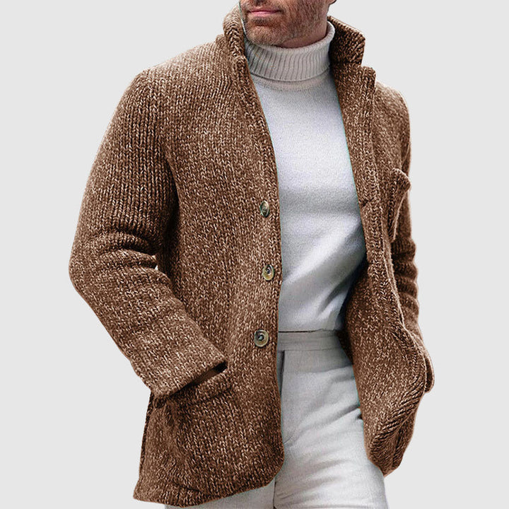 Herre Strikket Cardigan med Chunky Tekstur og Ståkrage