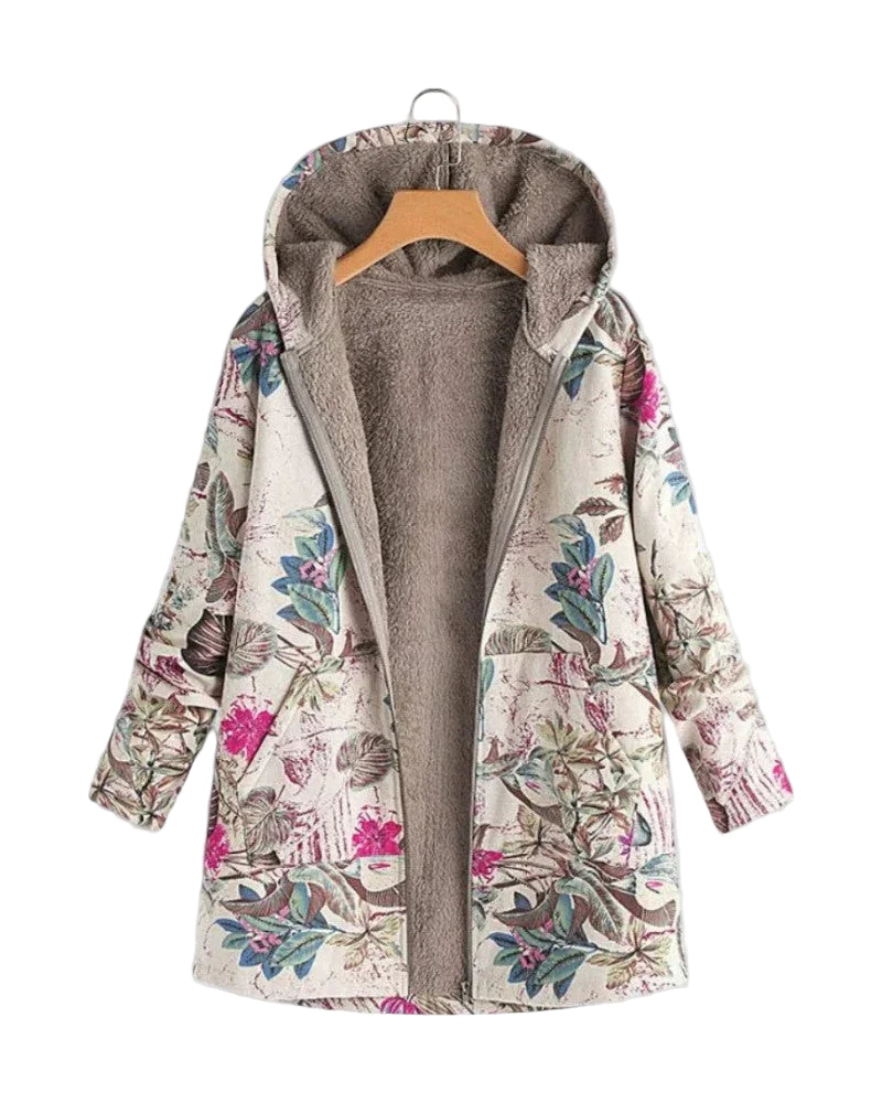 Kvinners Fleecejakke med Hette og Blomsterdesign