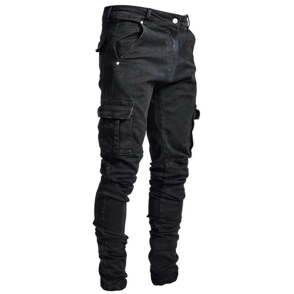 Menns Elastiske Cargo Jeans med Flere Lommer