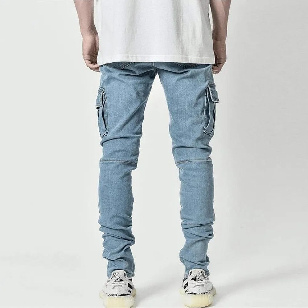 Menns Elastiske Cargo Jeans med Flere Lommer
