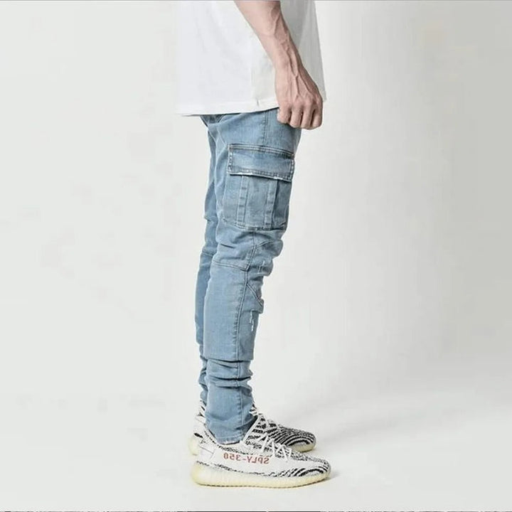 Menns Elastiske Cargo Jeans med Flere Lommer