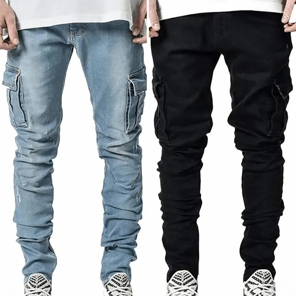 Menns Elastiske Cargo Jeans med Flere Lommer