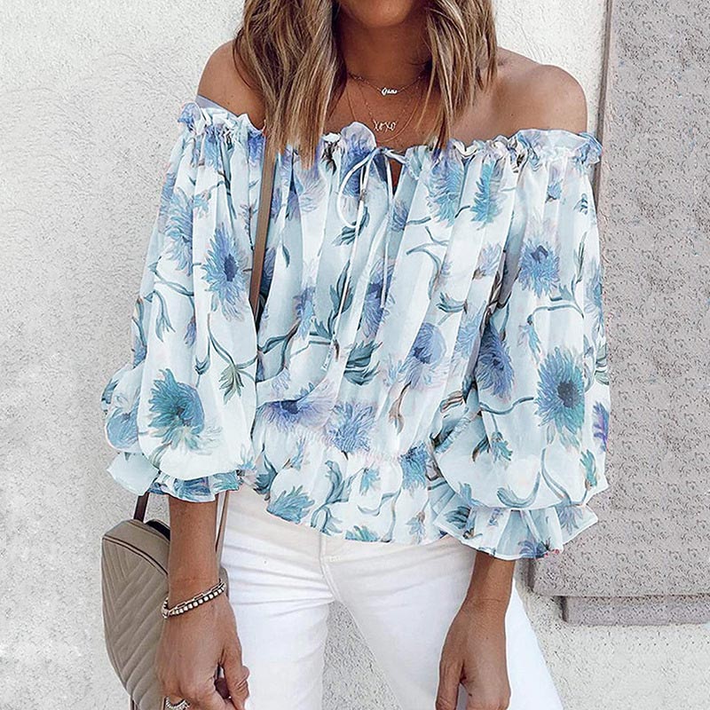 Stilig Dame Blomstret Bluse med Volanger og Off-Shoulder