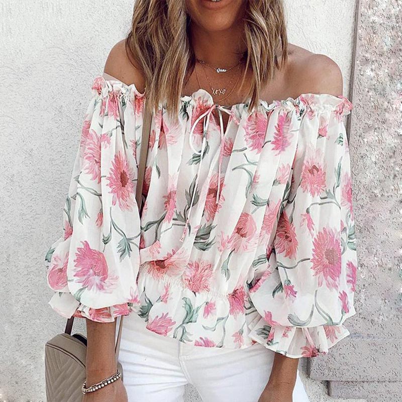 Stilig Dame Blomstret Bluse med Volanger og Off-Shoulder