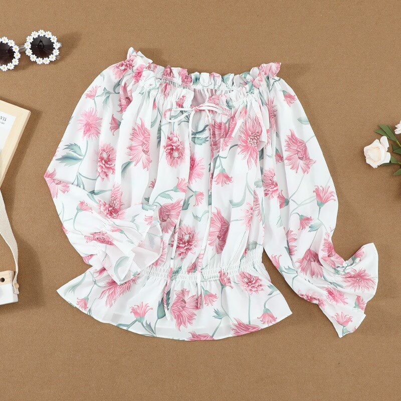 Stilig Dame Blomstret Bluse med Volanger og Off-Shoulder