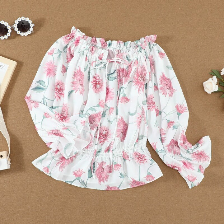 Stilig Dame Blomstret Bluse med Volanger og Off-Shoulder