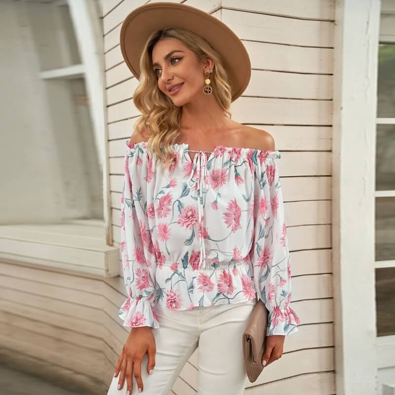 Stilig Dame Blomstret Bluse med Volanger og Off-Shoulder