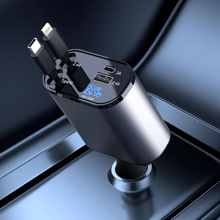 Universal Billader 4-i-1 for Bil med Uttrekkbare Kabler