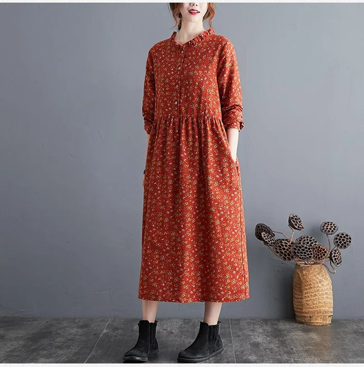 Vintage Blomstret Kjole med Volanger for Kvinner