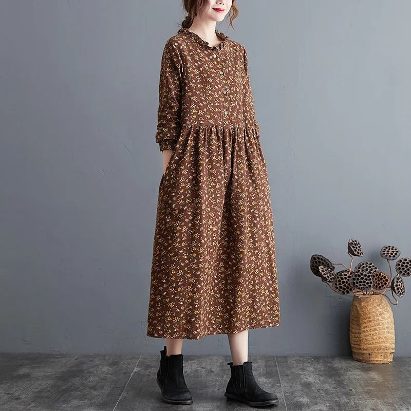 Vintage Blomstret Kjole med Volanger for Kvinner